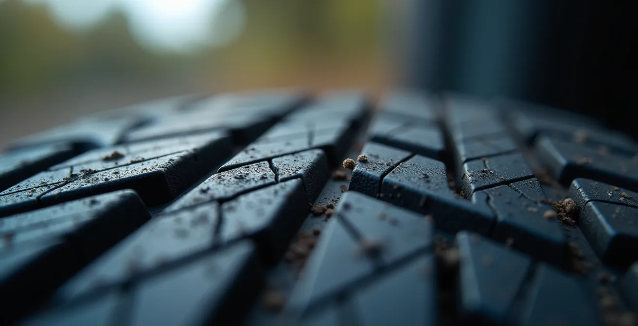 Vista macro del battistrada usurato che mostra i pattern di consumo anomalo