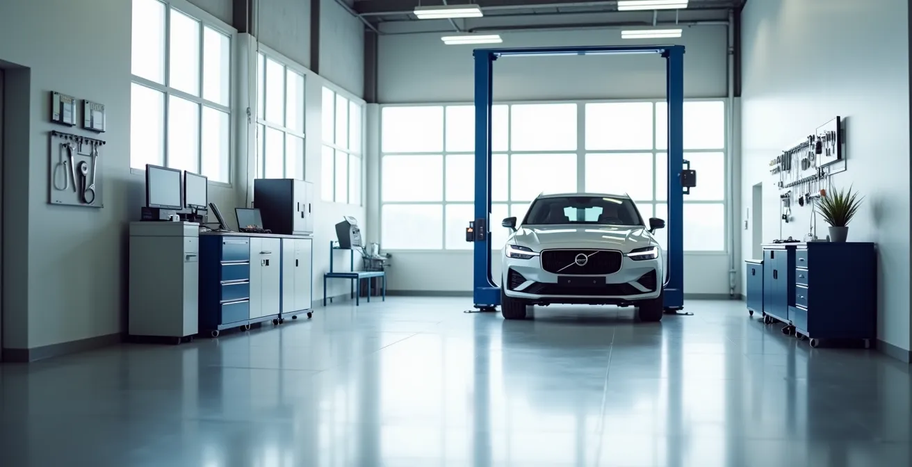 Vista ambientale minimalista di officina autorizzata con auto collegata a diagnostica ufficiale