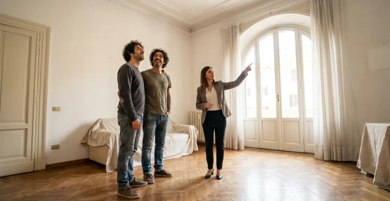 Coppia italiana visita appartamento luminoso a Roma con agente immobiliare
