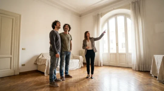 Coppia italiana visita appartamento luminoso a Roma con agente immobiliare