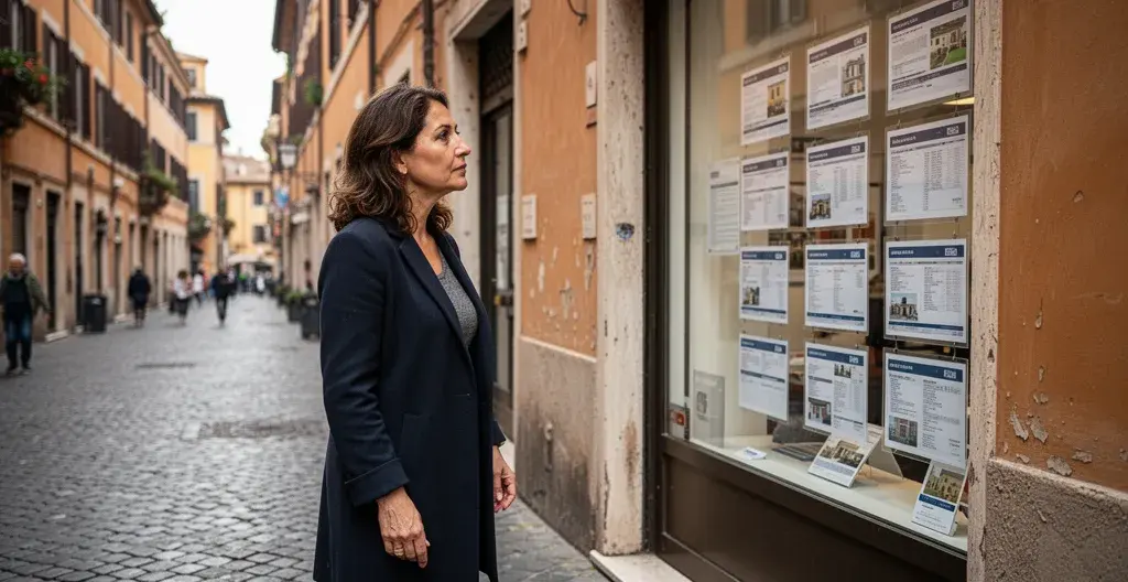 Donna osserva annunci immobiliari in vetrina agenzia nel quartiere Trastevere Roma