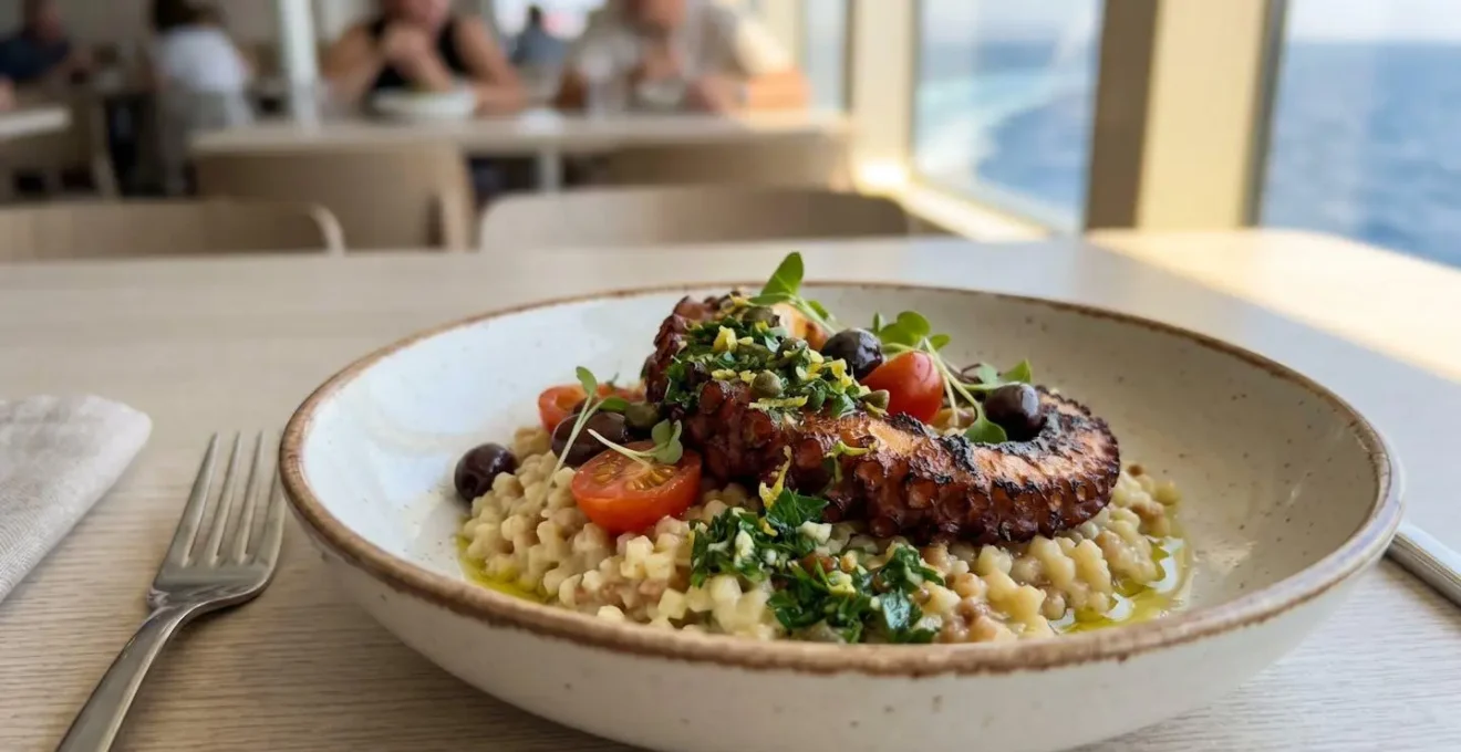 Primo piano di piatto di cucina mediterranea servito al ristorante di un traghetto moderno, colori vivaci e presentazione curata