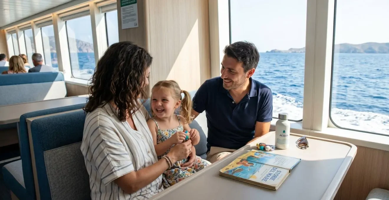 Famiglia con bambina seduta in cabina moderna di traghetto durante traversata verso la Sardegna, ambiente luminoso e confortevole